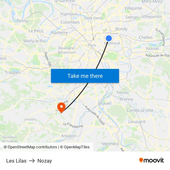 Les Lilas to Nozay map