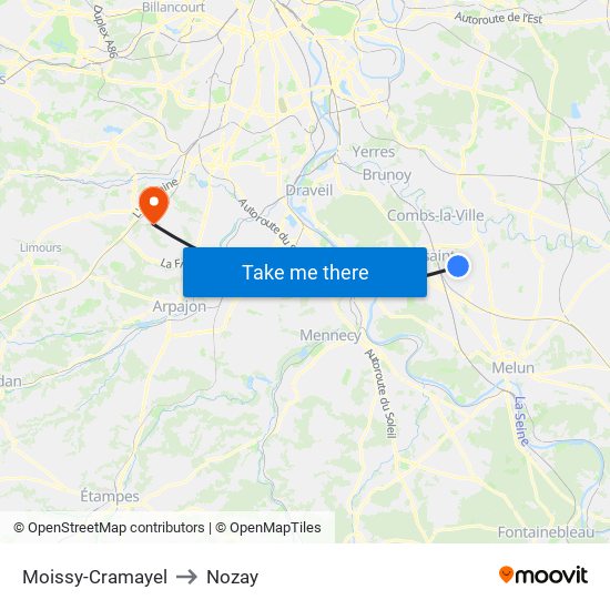 Moissy-Cramayel to Nozay map