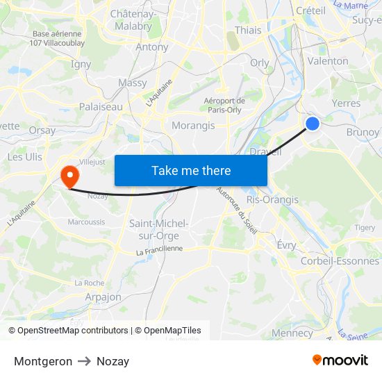 Montgeron to Nozay map