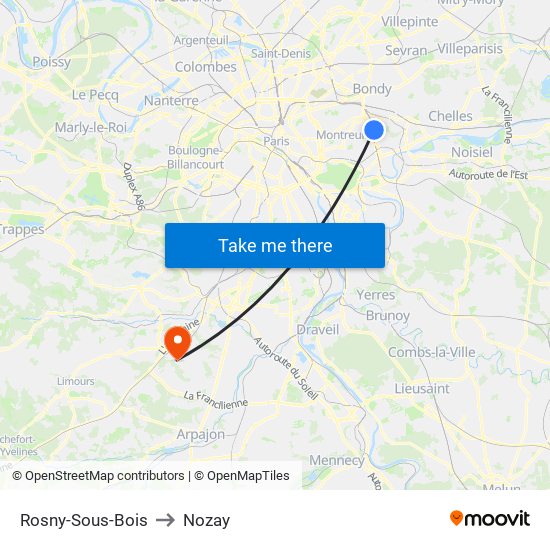 Rosny-Sous-Bois to Nozay map