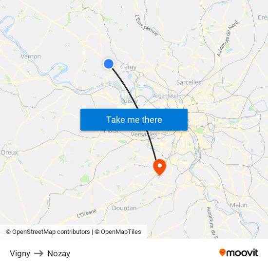 Vigny to Nozay map