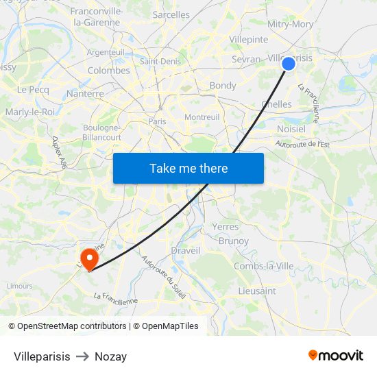 Villeparisis to Nozay map