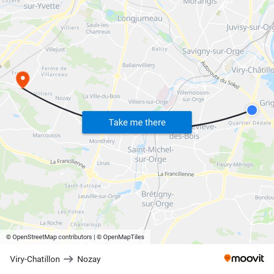 Viry-Chatillon to Nozay map