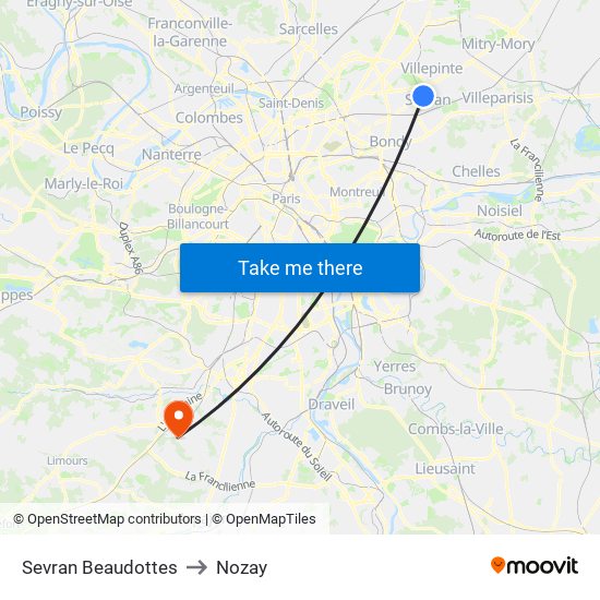 Sevran Beaudottes to Nozay map