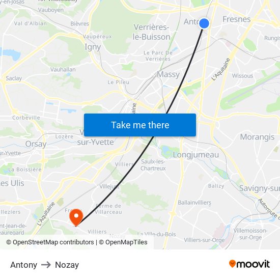 Antony to Nozay map