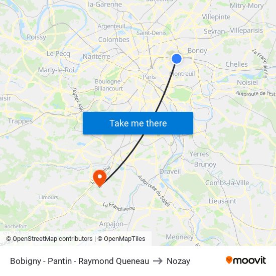 Bobigny - Pantin - Raymond Queneau to Nozay map