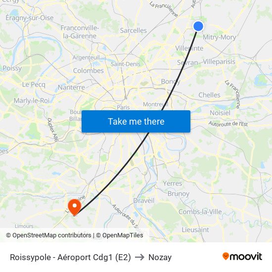 Roissypole - Aéroport Cdg1 (E2) to Nozay map