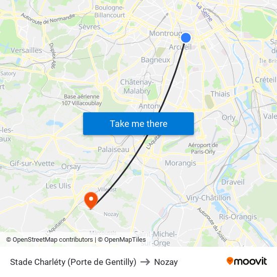 Stade Charléty (Porte de Gentilly) to Nozay map