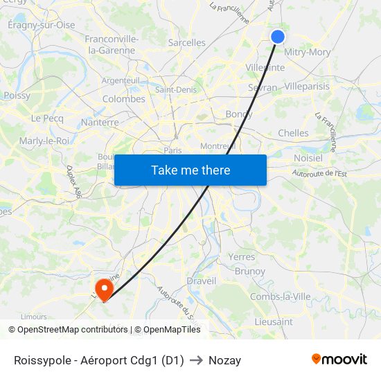 Roissypole - Aéroport Cdg1 (D1) to Nozay map
