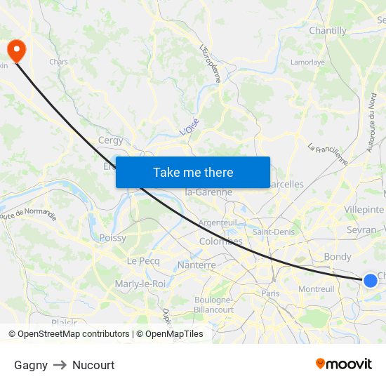 Gagny to Nucourt map