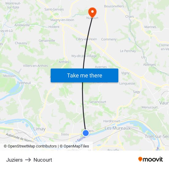 Juziers to Nucourt map