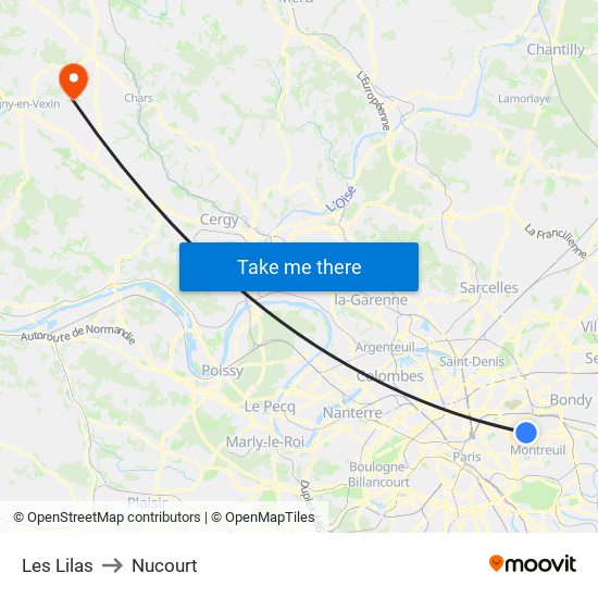 Les Lilas to Nucourt map