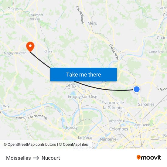 Moisselles to Nucourt map