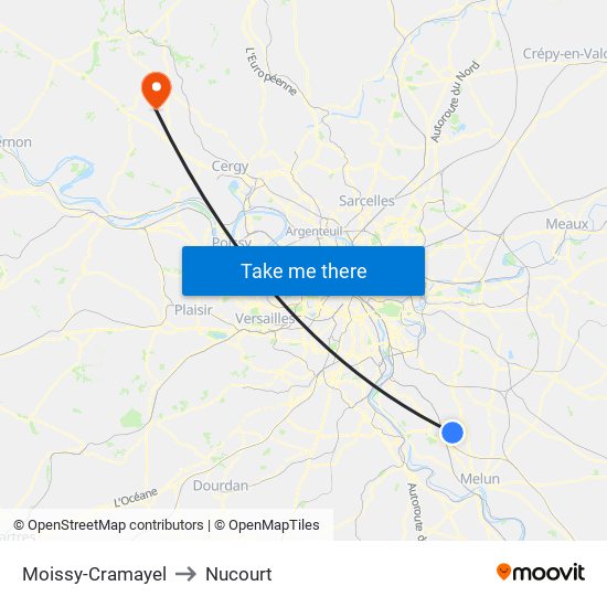 Moissy-Cramayel to Nucourt map