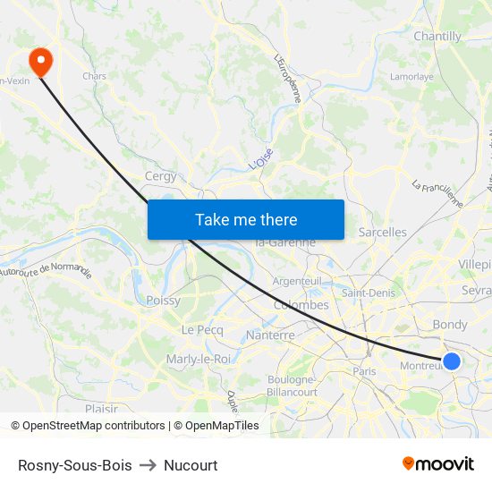 Rosny-Sous-Bois to Nucourt map