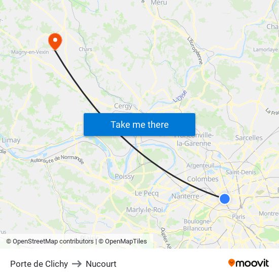 Porte de Clichy to Nucourt map