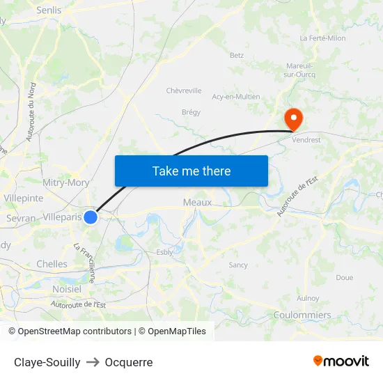 Claye-Souilly to Ocquerre map