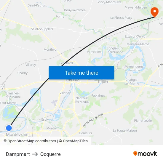 Dampmart to Ocquerre map