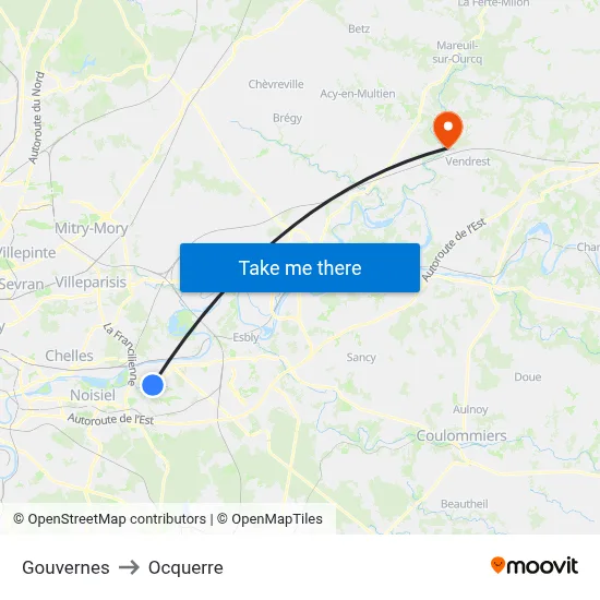 Gouvernes to Ocquerre map