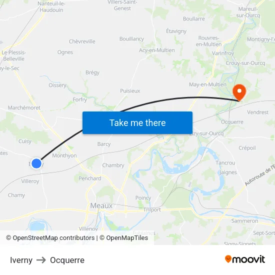 Iverny to Ocquerre map