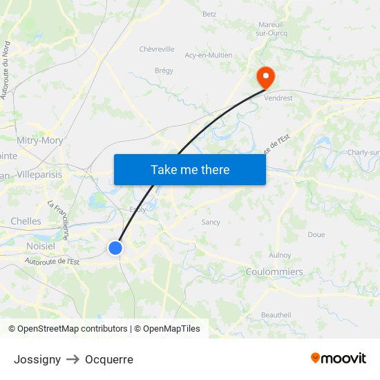 Jossigny to Ocquerre map