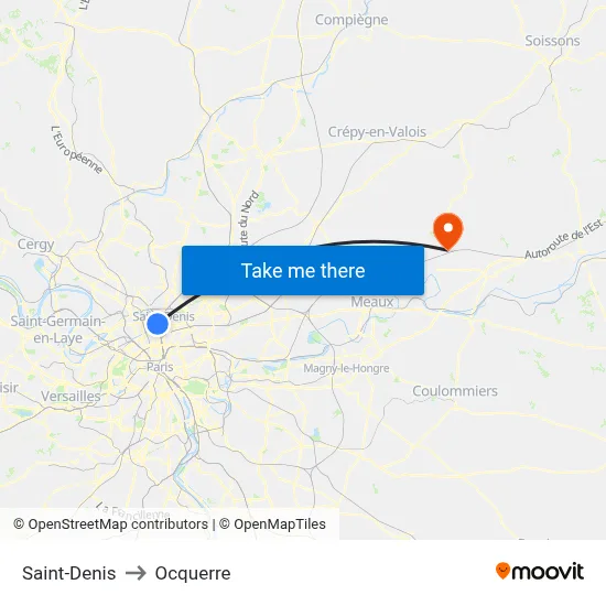 Saint-Denis to Ocquerre map