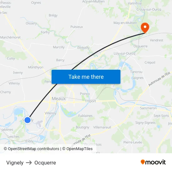 Vignely to Ocquerre map