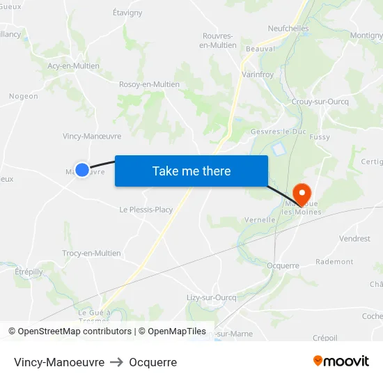 Vincy-Manoeuvre to Ocquerre map