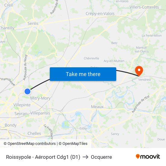 Roissypole - Aéroport Cdg1 (D1) to Ocquerre map