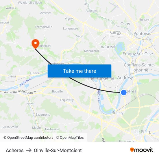 Acheres to Oinville-Sur-Montcient map
