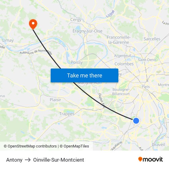 Antony to Oinville-Sur-Montcient map