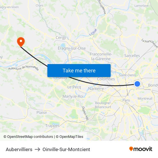 Aubervilliers to Oinville-Sur-Montcient map