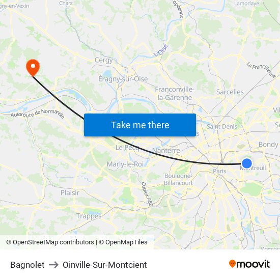 Bagnolet to Oinville-Sur-Montcient map