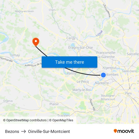 Bezons to Oinville-Sur-Montcient map