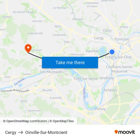 Cergy to Oinville-Sur-Montcient map