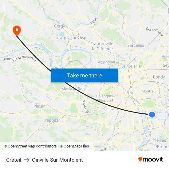 Creteil to Oinville-Sur-Montcient map
