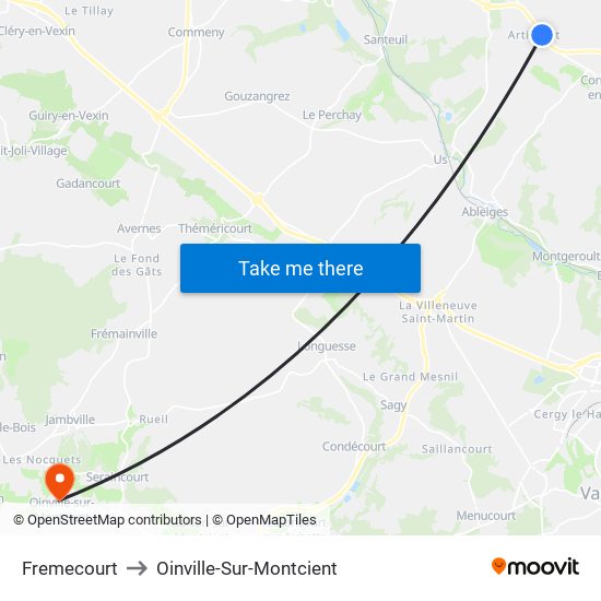 Fremecourt to Oinville-Sur-Montcient map