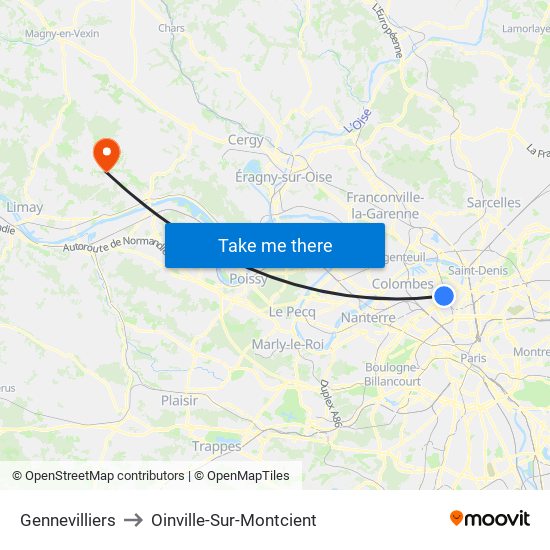 Gennevilliers to Oinville-Sur-Montcient map