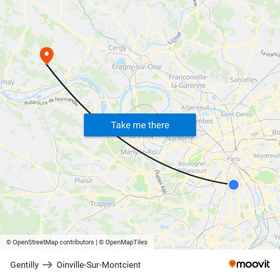 Gentilly to Oinville-Sur-Montcient map