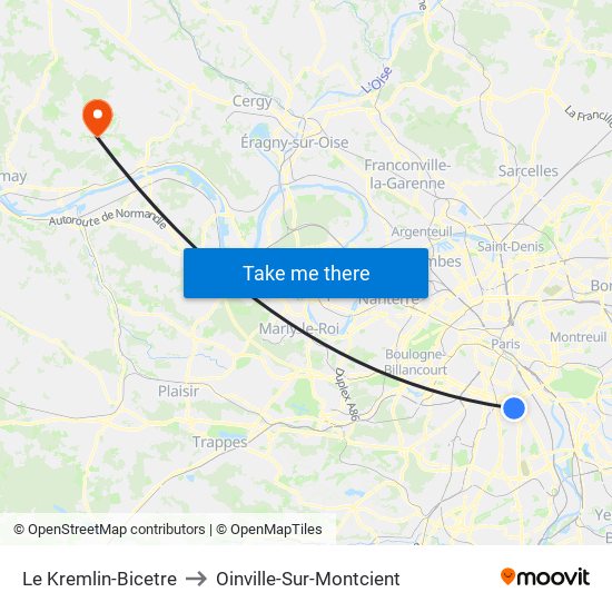 Le Kremlin-Bicetre to Oinville-Sur-Montcient map