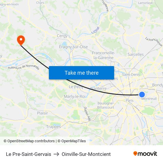 Le Pre-Saint-Gervais to Oinville-Sur-Montcient map