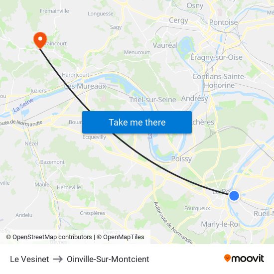 Le Vesinet to Oinville-Sur-Montcient map