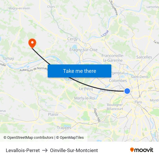 Levallois-Perret to Oinville-Sur-Montcient map