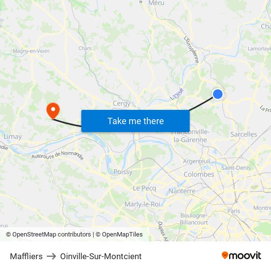 Maffliers to Oinville-Sur-Montcient map