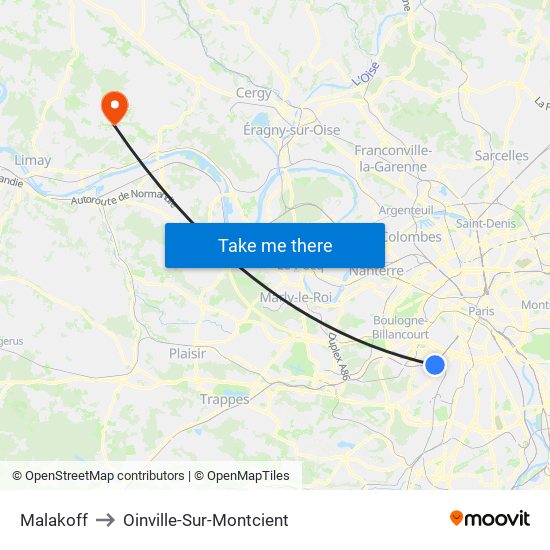 Malakoff to Oinville-Sur-Montcient map