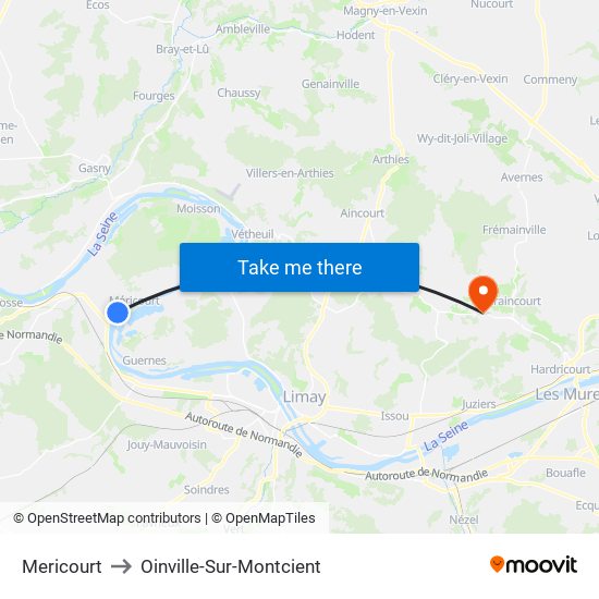 Mericourt to Oinville-Sur-Montcient map