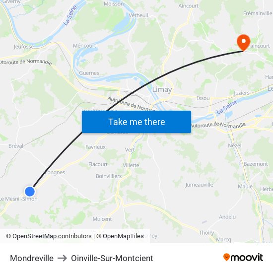 Mondreville to Oinville-Sur-Montcient map