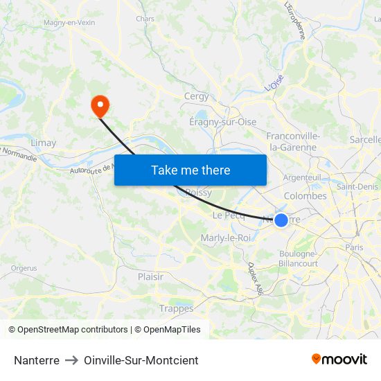 Nanterre to Oinville-Sur-Montcient map