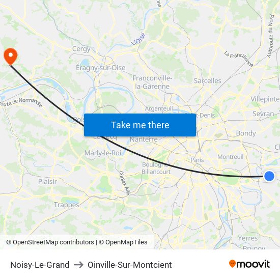 Noisy-Le-Grand to Oinville-Sur-Montcient map