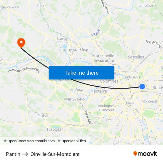 Pantin to Oinville-Sur-Montcient map